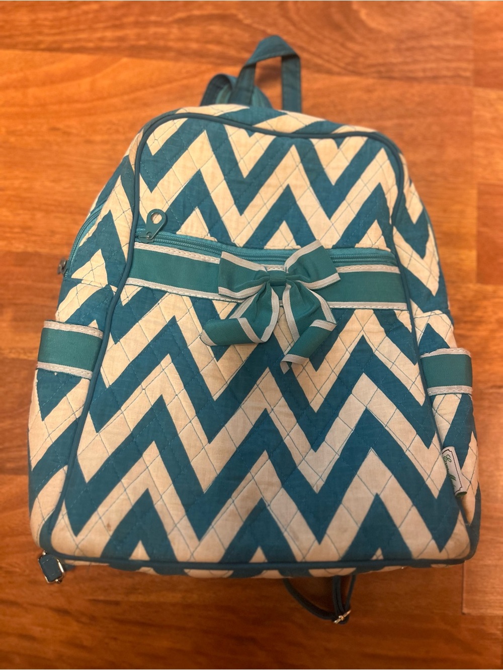 Teal and Cream Chevron Kids Backpack with Bow